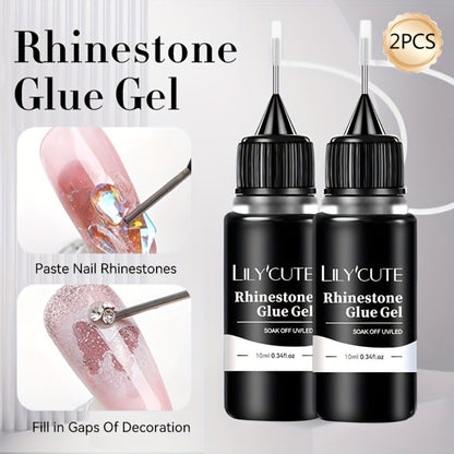 Nail Rhinestone Adhesive Gel 2pcs 0.34oz Clear Sticky Glue for 3D Nail Art Gems Charms Crystals Drill Jewelry - Long Lasting Precision Tip Nail Decoration Glue for Women DIY Home Salon