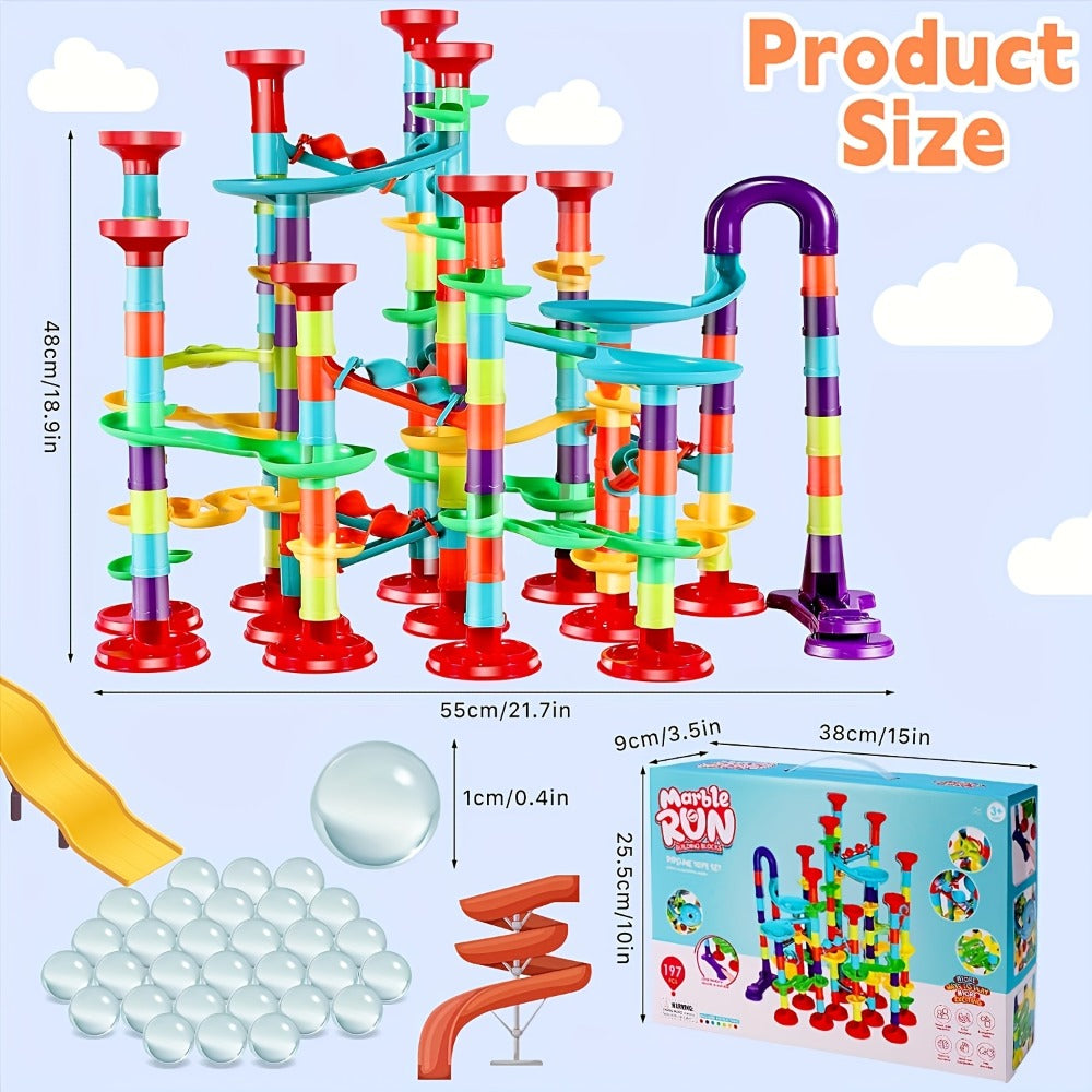 Marble Run Set Building Blocks for Kids 112/147pcs with Glass Marbles – STEM Marble Race Track Construction Toy Logic Hand-Eye Coordination Learning Game, Best Birthday Gift for Boys & Girls Ages 4+