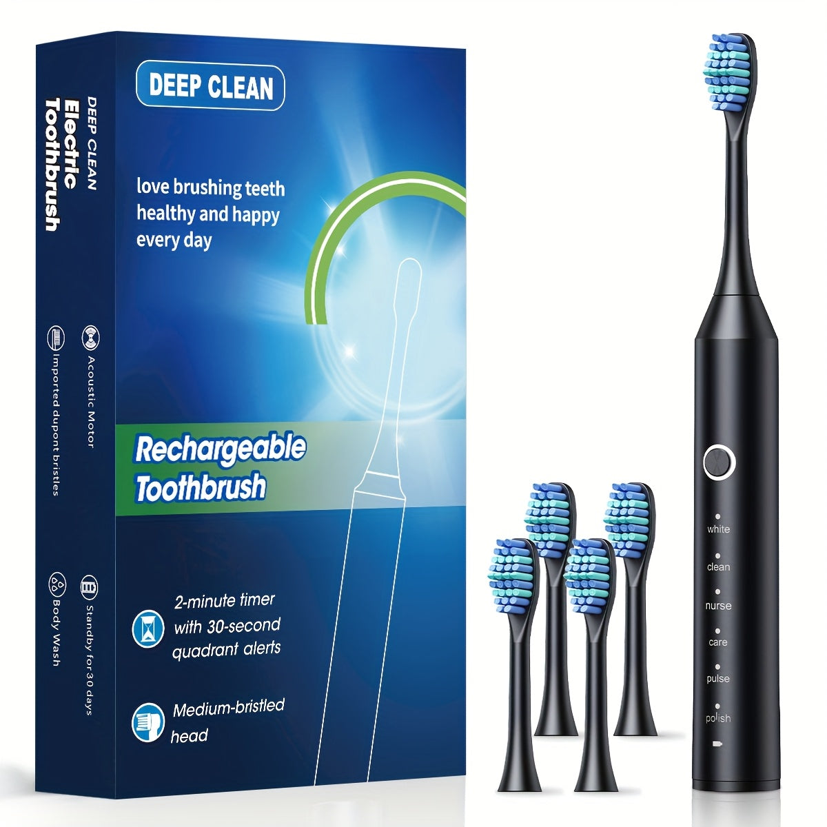 Rechargeable Toothbrush – 6 Cleaning Modes, 500mAh Lithium Battery, USB Charging, Soft Bristles, 4 or 8 Brush Heads, Black White Pink Electric Toothbrush for Adults Deep Clean & Whitening