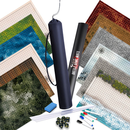 DnD Battle Map 3 Pack 24x36 Inch Dry Erase – Double-Sided 6 Terrain Grid Mats with Dice Accessories & Shoulder Bag, 1 Inch Grids for D&D 5e Pathfinder TRPG Tabletop RPG, Dungeon Master Gift