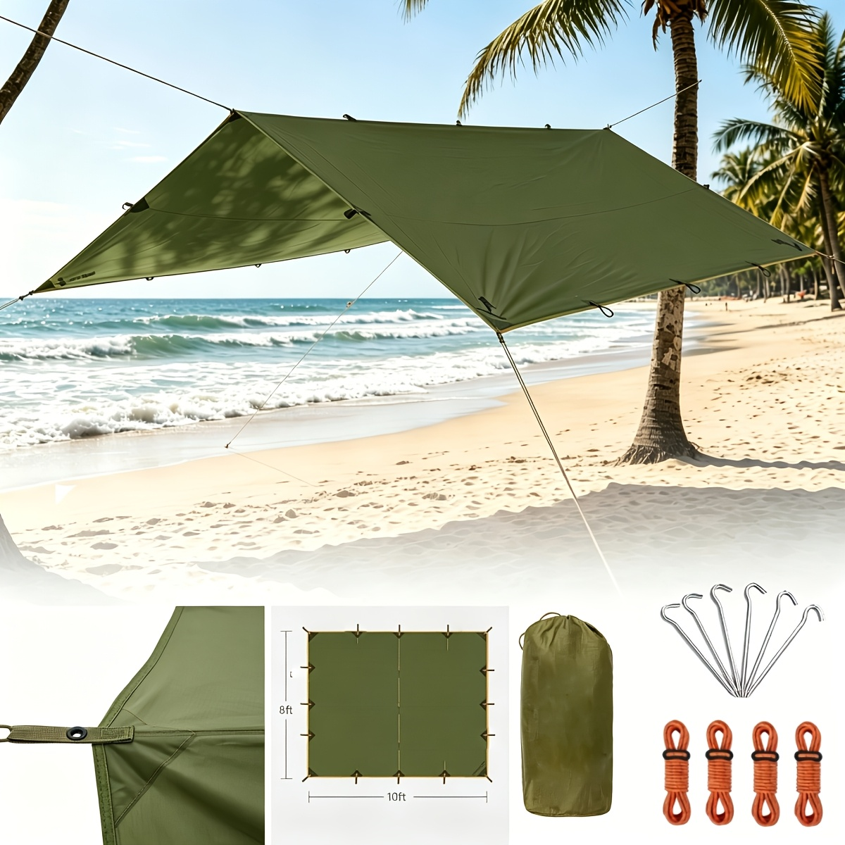 Camping Tarp Canopy with UV Protection – Portable Foldable Waterproof Shelter Tent for Backpacking, Hiking, Garden, Outdoor Survival | Multiple Colors & Sizes