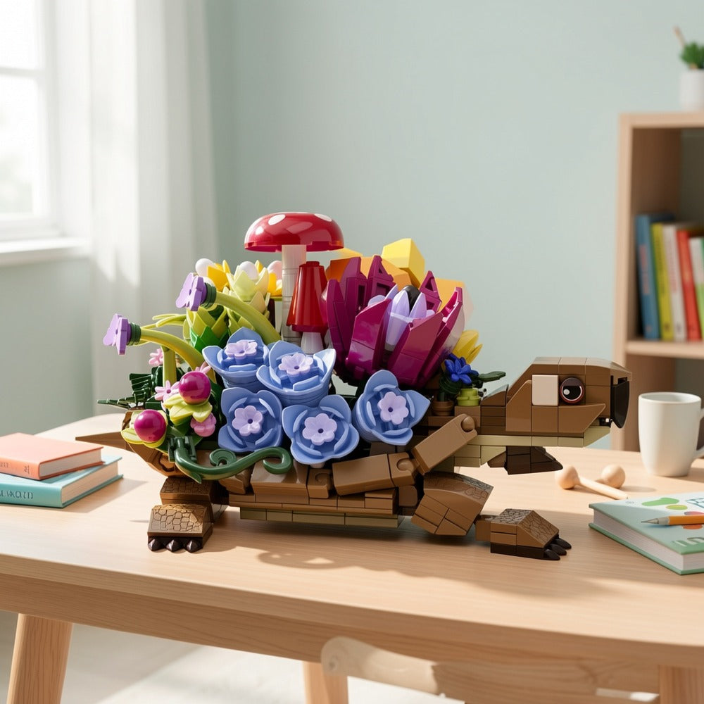 Turtle Flower Planter Building Block Set 510 Pieces – Cute Turtle Brick Puzzle Decor Toy, Unique Handmade Display Gift for Kids Teens Adults Birthday Valentine Christmas Halloween (Turtle Flower)