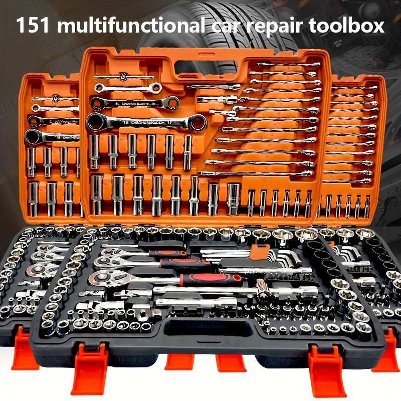 53/82/121/151pcs Heavy Duty Set with Ratchet, Extension Rods & Joints - Adjustable 6-Point Drive Kit Suitable for Automotive, Marine, Motorcycle Repair, Metric (8-22mm) & SAE (1/4"/1/2")
