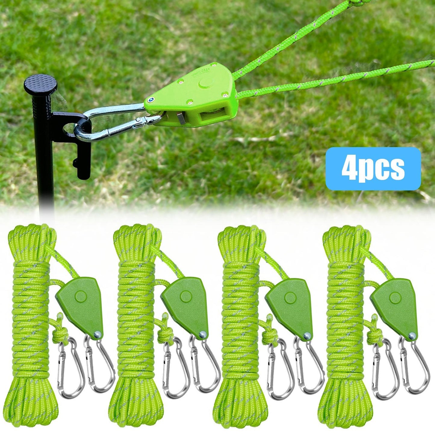 Reflective Camping Rope 4pcs 4M Adjustable Nylon Tent Guy Lines Windproof Ratchet Pulley for Tent Canopy Gazebo Tarp Outdoor