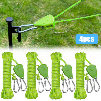 Reflective Camping Rope 4pcs 4M Adjustable Nylon Tent Guy Lines Windproof Ratchet Pulley for Tent Canopy Gazebo Tarp Outdoor