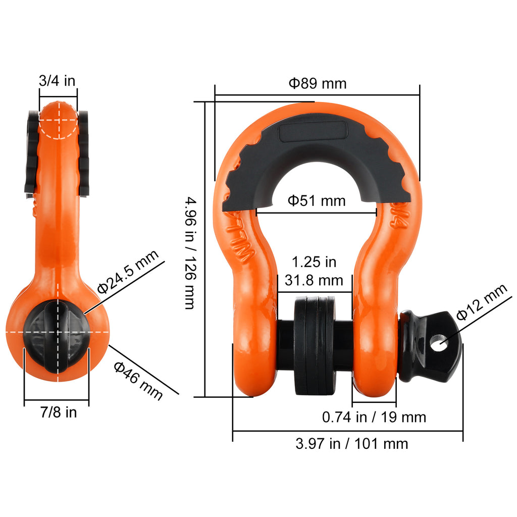 VEVOR 3/4" D-Ring Shackle, 2 Pack Alloy Steel Shackles 62832 lbs (28.5 Ton) Break Strength with 7/8" Screw Pin, Isolators & Washers, Heavy Duty Off Road Vehicle Recovery Shackle for Jeep Truck,Orange/Black/Red