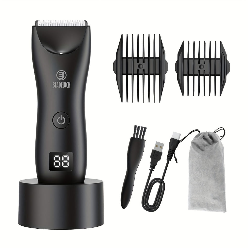 Manscaping Trimmer for Men IPX7 Waterproof Electric Groin & Ball Trimmer Ceramic Blades LCD Battery Display Replaceable Head - Body Hair Shaver Groomer Black Grey