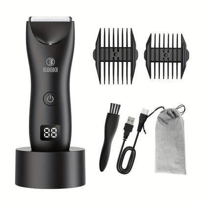 Manscaping Trimmer for Men IPX7 Waterproof Electric Groin & Ball Trimmer Ceramic Blades LCD Battery Display Replaceable Head - Body Hair Shaver Groomer Black Grey