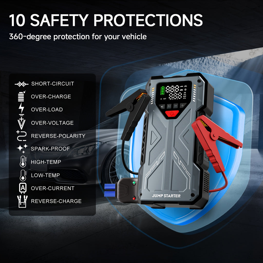 9-in-1 Portable Jump Starter with Air Compressor, 12V Car Battery Jump Starter, Portable Car Battery Charger, Fits 2.11gal Gas/ 1.72gal Diesel Fast Car Starting, USB Input & Output, LED Emergency Light, Auto Accessory Tool, Christmas Gift