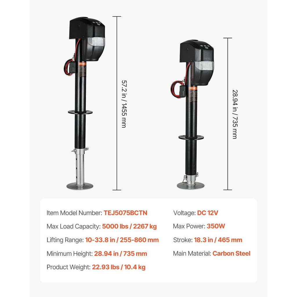 VEVOR Electric Trailer Jack 3500 lbs / 5000 lbs Power Tongue Jack for RV Trailer & Camper Black With a 7-pin Trailer Connector / With Remote Control