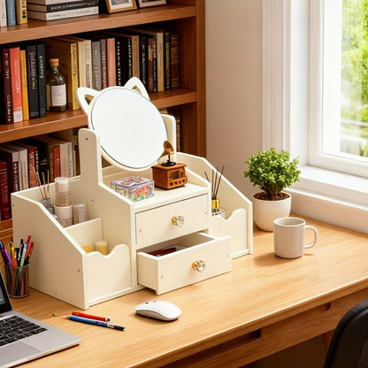 Dressing Table, White with Rotating Makeup Mirror, Drawers & Shelves for Cosmetic Storage shown in the main product view
