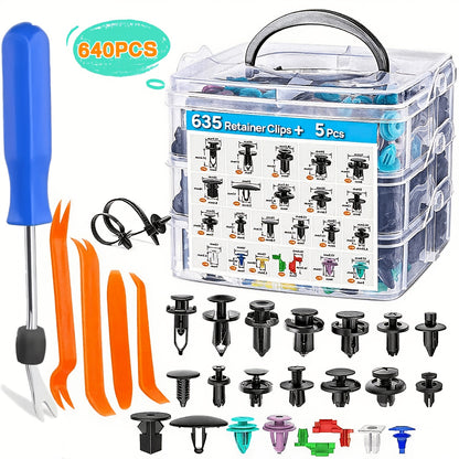 Car Push Retainer Clips Assortment Kit - 16 Sizes Nylon Bumper Fender Plastic Rivets & Auto Fasteners with Removal Tool & Cable Ties, Universal Fit for Most Vehicles (115 / 635 / 640 / 1290 Piece Set)