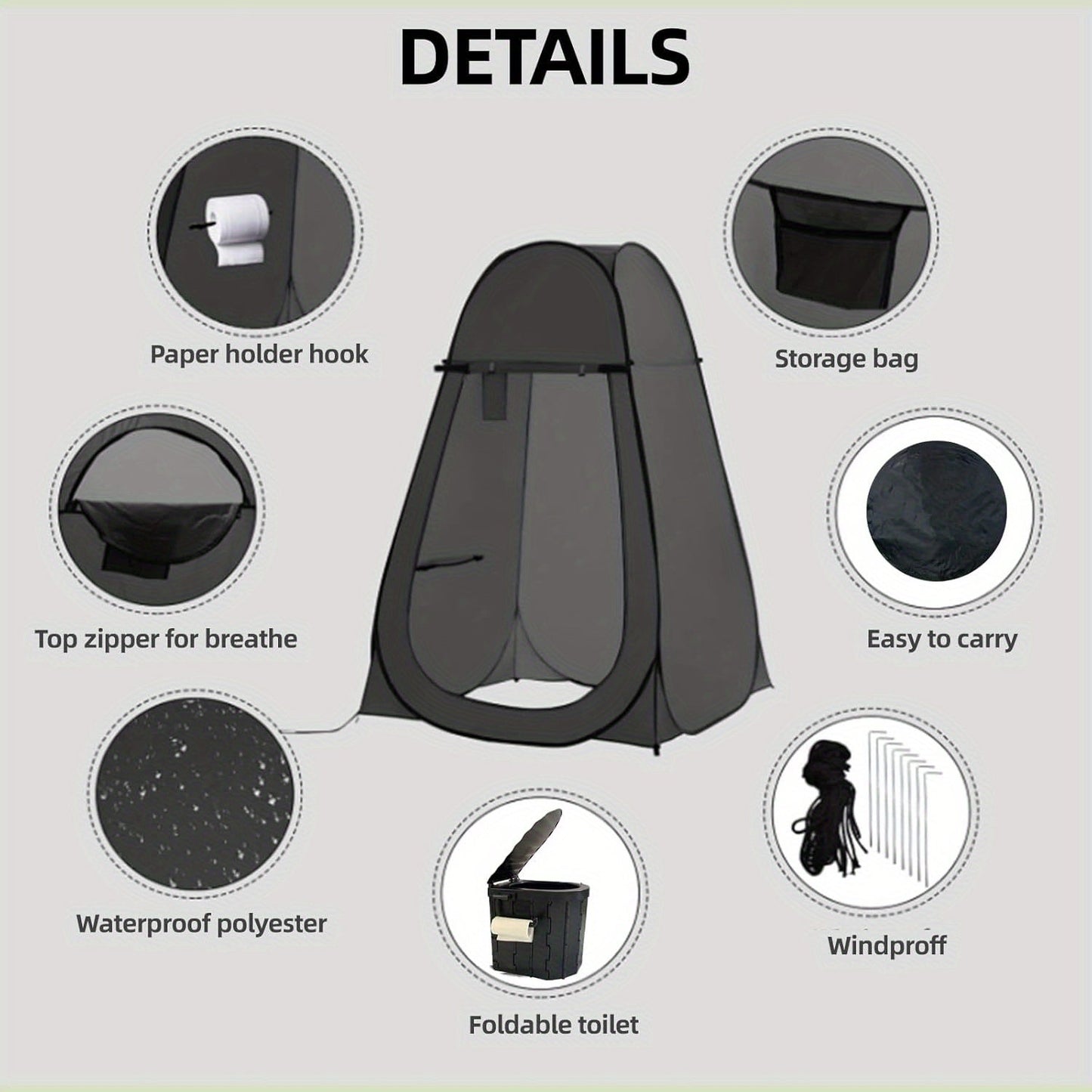 Pop-Up Privacy Tent with Portable Camping Toilet for Adults, Foldable Outdoor Shower Changing Potty Tent Kit with 12 Toilet Bags, Ground Stakes & Windproof Ropes for Camping, Hiking, Travel & Picnics