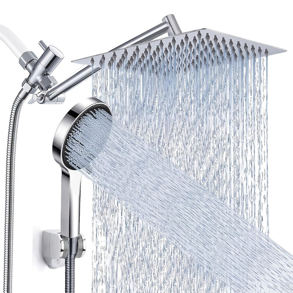 High Pressure Rainfall Handheld Shower Head Combo, 11-Inch Extension Arm, 9 Settings, 180° Adjustable, Anti-Leak with Holder, Chrome & Matte Black, 8/10/12 Inch