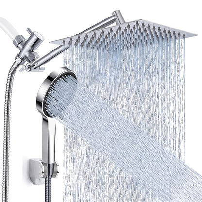 High Pressure Rainfall Handheld Shower Head Combo, 11-Inch Extension Arm, 9 Settings, 180° Adjustable, Anti-Leak with Holder, Chrome & Matte Black, 8/10/12 Inch
