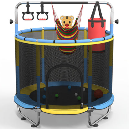 Kids Trampoline with Enclosure and Gymnastics Bar – 60" Height Adjustable Safety Net Trampoline for Toddlers Ages 3+, Indoor Outdoor Active Play with Toys Included | Best Birthday Gift
