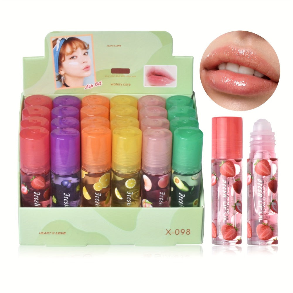 Roller Ball Lip Balm Set 24 Pieces 6 Flavors Transparent Colorless — Moisturizing Long-Lasting Hydration for Dry Chapped Lips | Lightweight Non-Greasy Daily Lip Care Gift Set for Women & Men