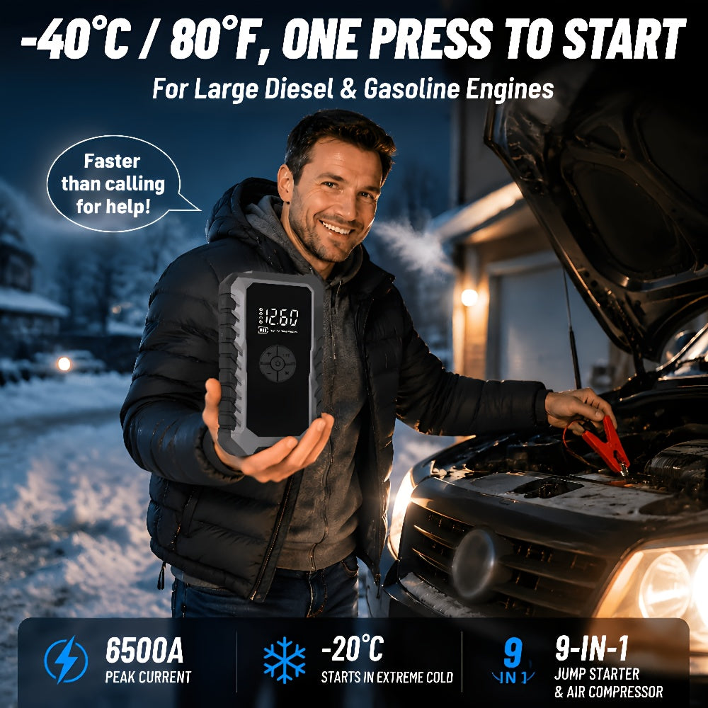 9-in-1Car Jump Starter 6500A 12V Portable Battery Booster with Air Compressor 160PSI, Emergency Power Bank for Car, LED Light Roadside Jump Starter Kit/4000A Portable Wireless Car Jump Starter