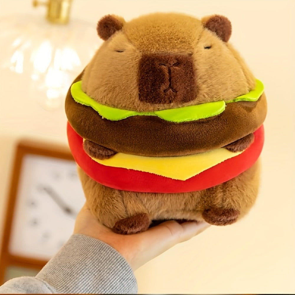 Capybara Plush Stuffed Animal Hamburger Burger Hat Funny Kawaii Soft Plush Toy Couch Pillow Doll Unique Meme Gift for Kids Teens Adults Birthday Christmas Holiday