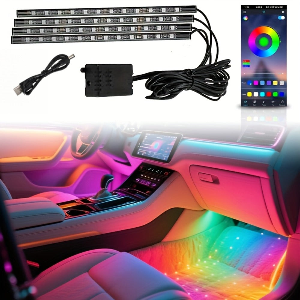 RGB Car Footwell LED Light Kit, USB Powered 5V Multicolor Interior Ambient Light Strip, DIY Under-Seat Car Seat Illumination Kit for All Vehicles, 4pcs Neon Atmosphere Lights