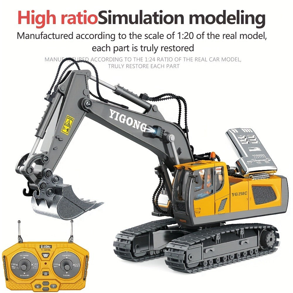 RC Excavator Toy 1:18 Scale 2.4GHz Remote Control with Metal Scoop 680-Degree Rotation Lights & Sound – Construction Vehicle Set Dump Truck Bulldozer Loader for Boys Ages 8+ Birthday Christmas Gift