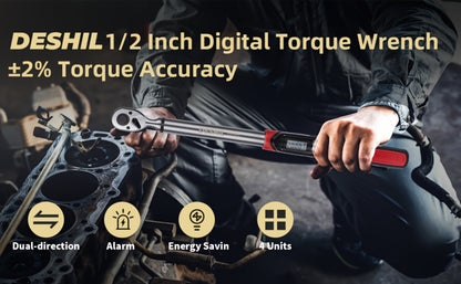 Digital Torque Wrench - 1/2" & 3/8" Drive, ±1% Accuracy, LED & Buzzer Alert, 4 Units, 500 Data Sets, Preset P1-P8, Chrome Vanadium Steel for Auto, Bike & Motorcycle