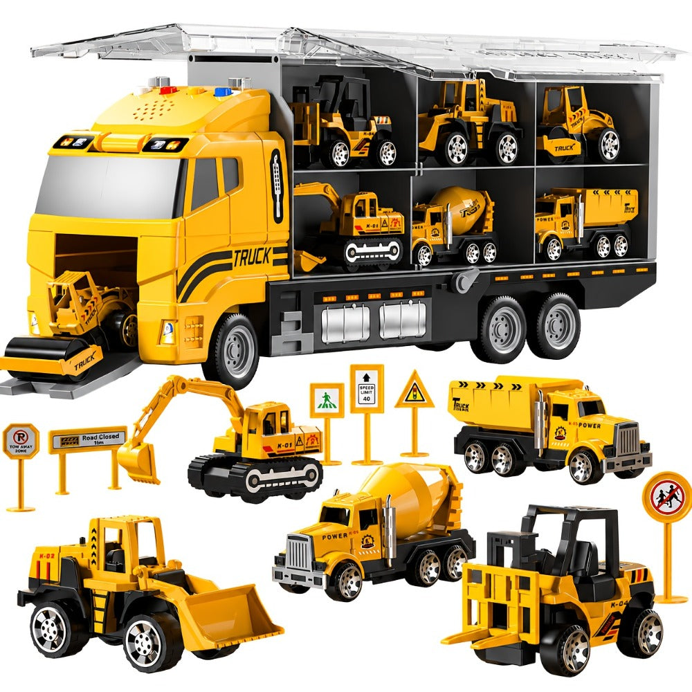 13-in-1 Construction Truck Vehicle Toy Set with Die-Cast Metal Cars & Play Mat – Transport Carrier Playset for Toddlers & Kids Ages 3+ STEM Learning Gift Boys Girls