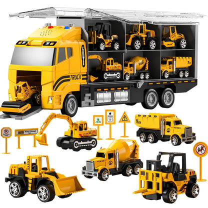 13-in-1 Construction Truck Vehicle Toy Set with Die-Cast Metal Cars & Play Mat – Transport Carrier Playset for Toddlers & Kids Ages 3+ STEM Learning Gift Boys Girls