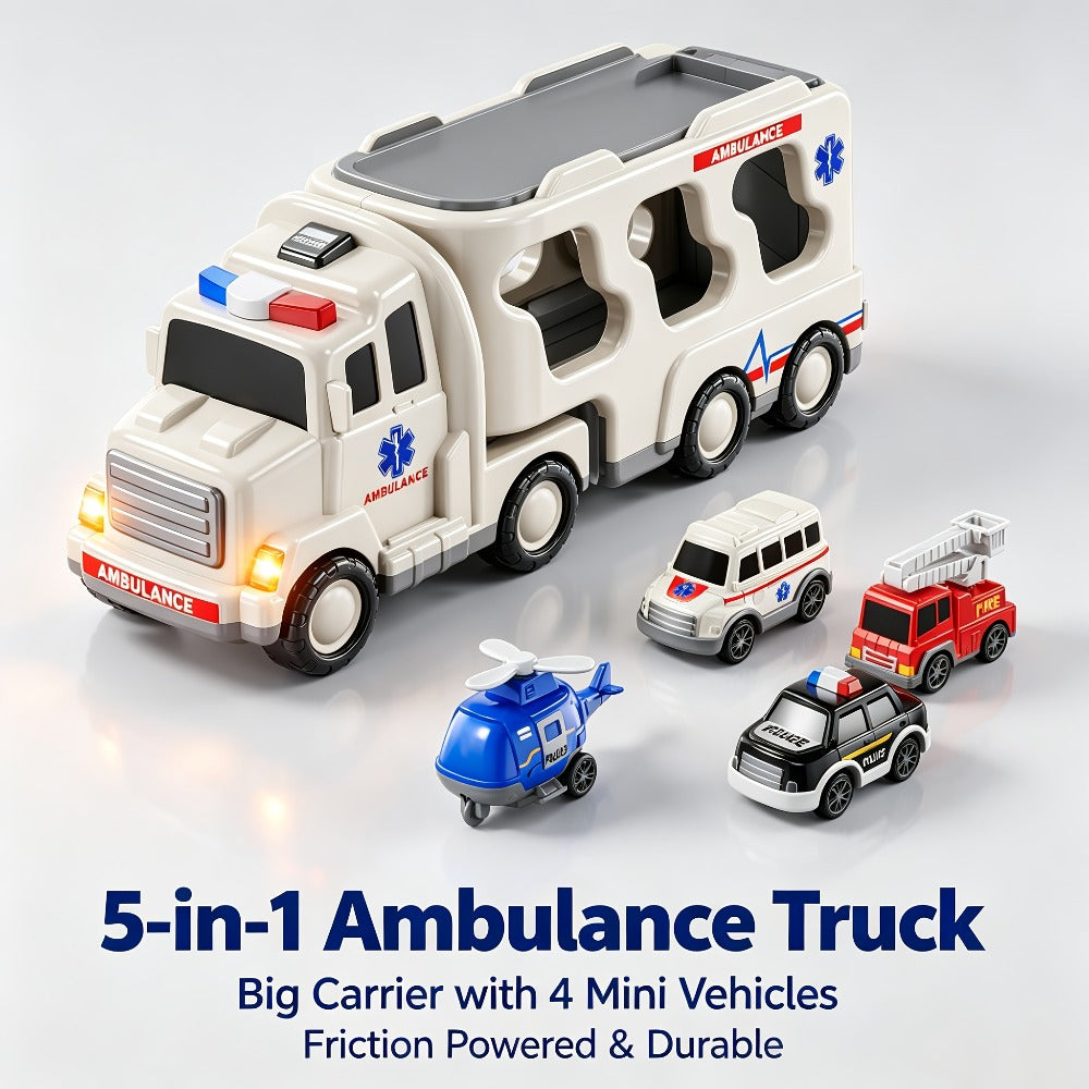 Ambulance Truck Toy Set for Boys – 5-in-1 Friction Power Carrier Truck with Lights & Sounds, Push & Go Emergency Vehicle Toys for Toddlers Kids Ages 3+, Birthday Christmas Gift for Boys