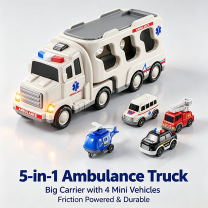 Ambulance Truck Toy Set for Boys – 5-in-1 Friction Power Carrier Truck with Lights & Sounds, Push & Go Emergency Vehicle Toys for Toddlers Kids Ages 3+, Birthday Christmas Gift for Boys