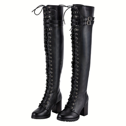 Women'S Faux Leather Over The Knee Thigh High Boots, Black Lace Up Knee High Boots with Chunky Heel, Sexy Biker Boots with Buckle