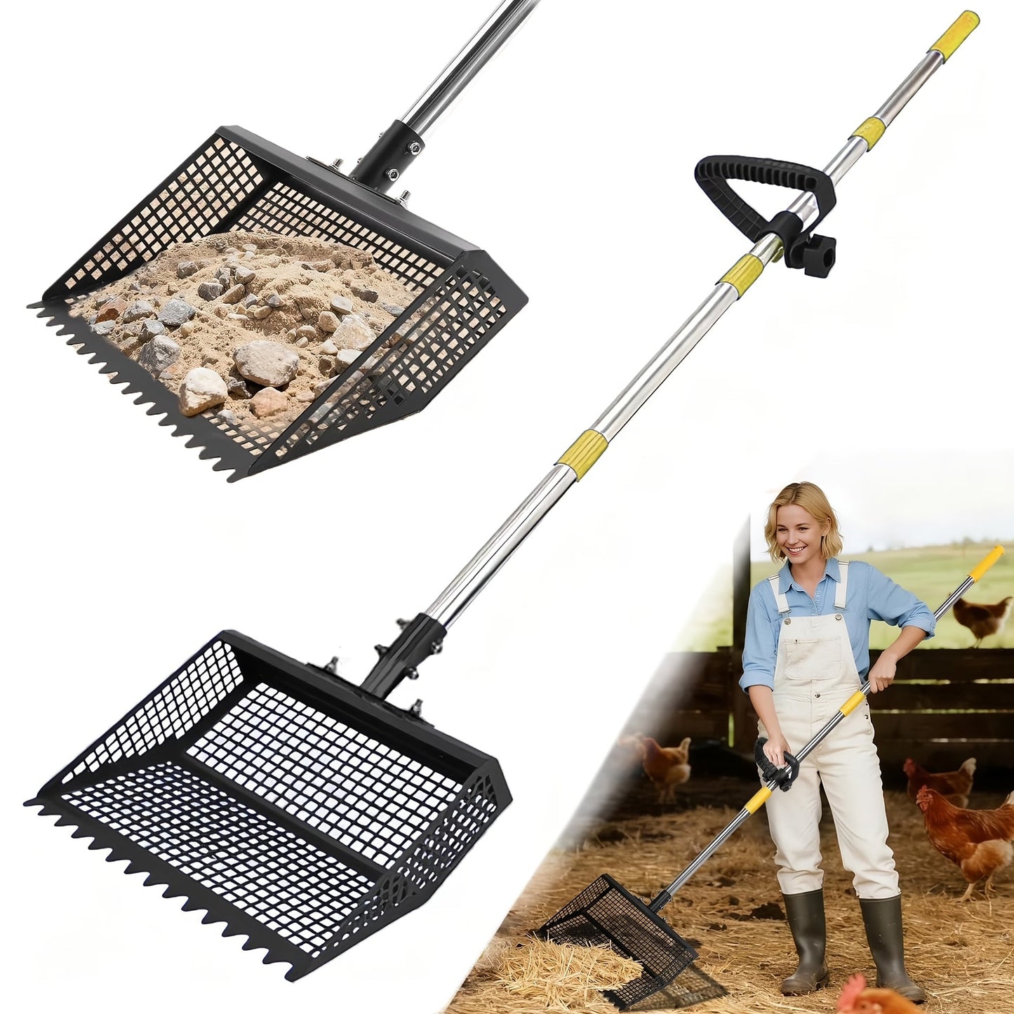 Cat Litter Scooper 2-in-1 Heavy Duty Rake with Adjustable 26–76" Stainless Steel Handle, Shatterproof Sand Sifting Shovel for Litter Box, Chicken Coop, Horse Stable & Barn Stall Cleaning, 13 Inch