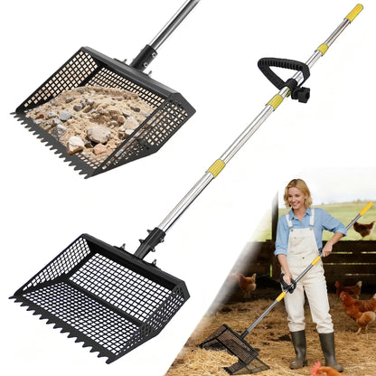 Cat Litter Scooper 2-in-1 Heavy Duty Rake with Adjustable 26–76" Stainless Steel Handle, Shatterproof Sand Sifting Shovel for Litter Box, Chicken Coop, Horse Stable & Barn Stall Cleaning, 13 Inch