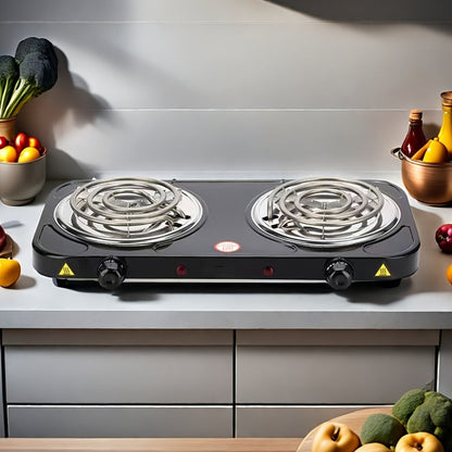 Portable Electric Stove Tabletop Double Burner – Adjustable Rotary Temperature Control, Compact Electric Charcoal Heater for Home, Office, Dorm, Camping, Milk & Coffee Heating, Black