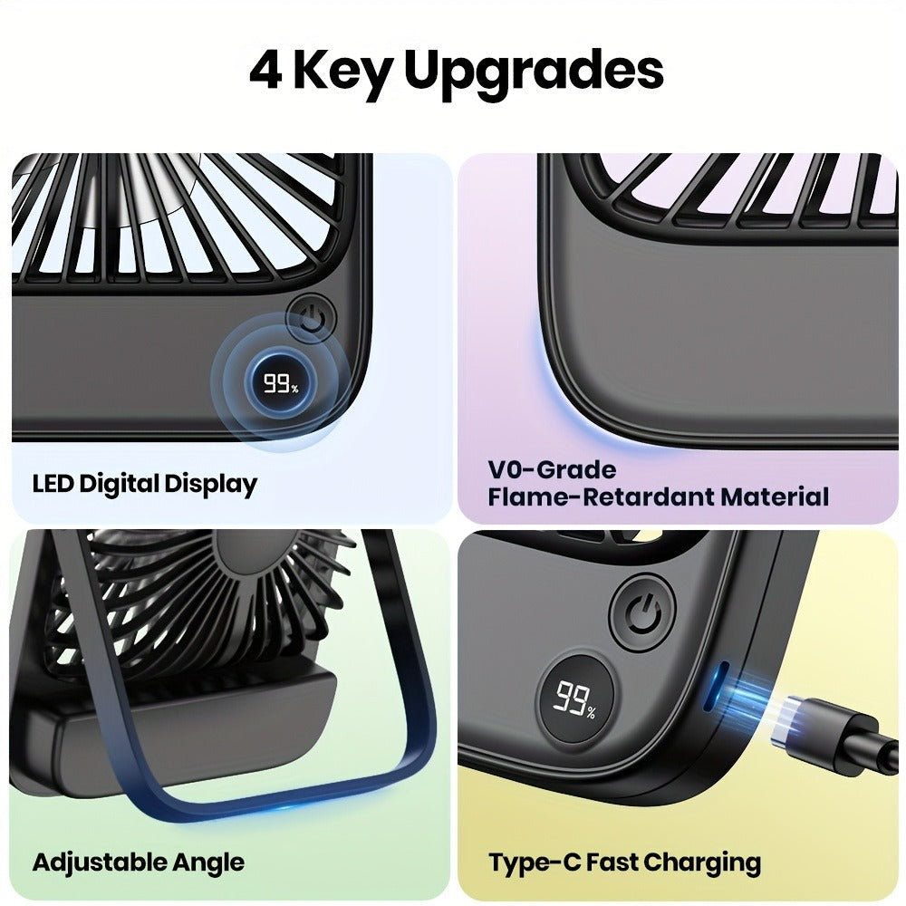 USB Desk Fan Battery Operated | 2000mAh & 5000mAh Rechargeable Mini Personal Fan, 4-Speed Adjustable, 180° Tilt & Foldable, Ultra-Quiet Strong Airflow for Office, Bedroom & Desktop Use – Black, Pink, White