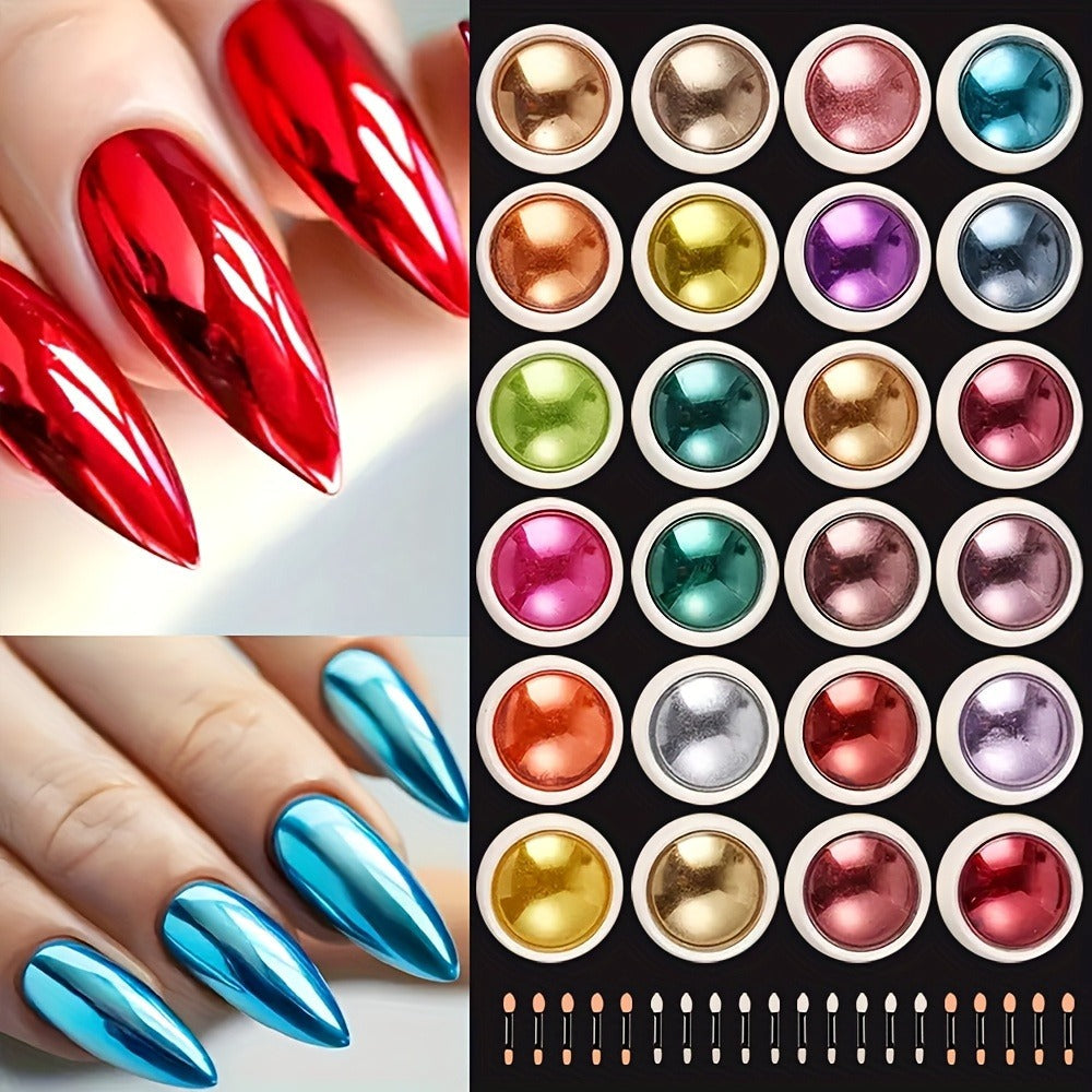 Chrome Nail Powder 24 Colors Set Holographic Mirror Effect Metallic Reflective Glitter Pigment for Gel Acrylic Nails DIY Manicure Art Decoration Non-Discoloring