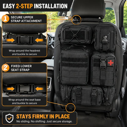 MOLLE Car Seat Back Organizer - 5 Detachable Pouches, 6 Keychains, Tactical Vehicle Panel Organizer for Jeep Truck SUV, Multipurpose Hanging Travel Gear Organizer, Universal Fit, Black