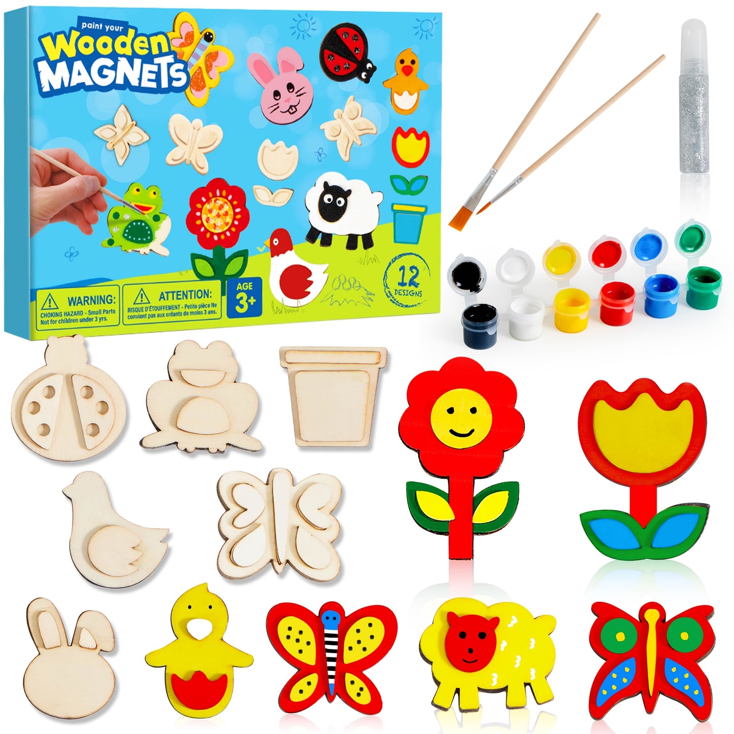 DIY Wooden Magnet Painting Kit for Kids – 12pcs Arts and Crafts Set with Paint Palette Brush Glitter Glue, Creative Activity Birthday Party Favor Gift Boys Girls Ages 3+