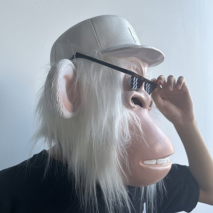 Gorilla Monkey Plush Full Head Mask with White Hair Glasses Hat – Funny Cartoon Animal Costume for Adults Halloween Parties Cosplay Role Play Prank Gift White Gorilla Chimpanzee