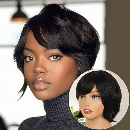 Short Human Hair Wigs for Black Women Curly Pixie Cut Bob with Bangs Brazilian Remy 150% Density None Lace Front Natural Black 8 Inch | Easy Wear Daily Party