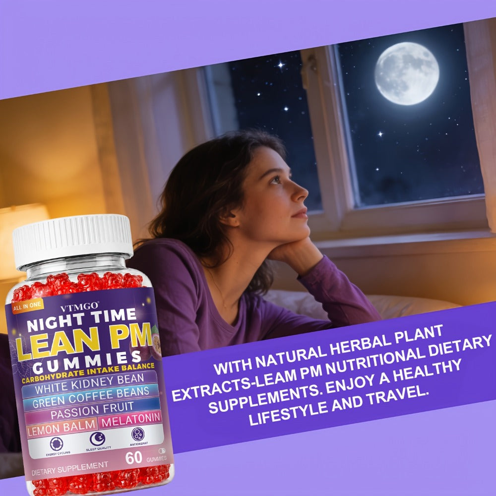 Sleep Gummies with Melatonin, Lemon Balm & Passionflower — Night Time Lean PM Formula | White Kidney Bean, Green Coffee | Relaxation, Restful Sleep & Nighttime Wellness | 60 Gummies