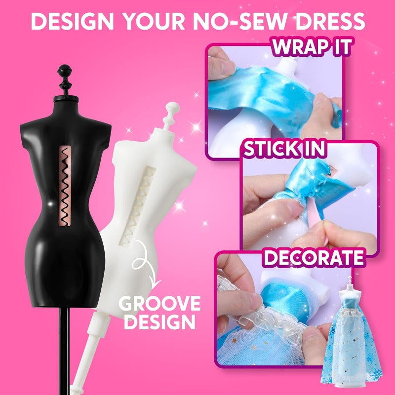 Fashion Design Kit for Girls 400+ Pieces – 3 Mannequins 21 Fabrics Ribbons Trims No-Sew DIY Dress Up Craft Set, Birthday Gift for Aspiring Designers Ages 8 9 10 11 12