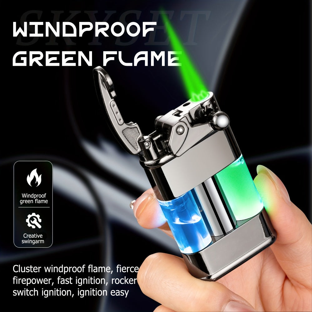 Green Flame Metal Lighter Windproof – Refillable Butane Gas Lighter with Adjustable Flame, Fuel Window & Rocker Arm Ignition, Cool Multifunctional Lighter for Outdoor Camping BBQ Cigars (No Butane)