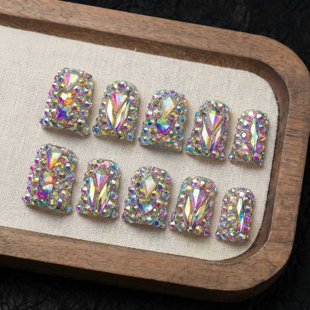 Short Duckbill Press On Nails 10pcs Handmade AB Crystal Colorful Diamond Glossy – Reusable Non-Toxic Salon Quality Spring Summer Nail Art Set with Gel Adhesive Tabs S M L for Women