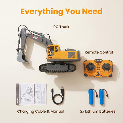RC Excavator 1:20 Scale 2.4G 11CH – Alloy Remote Control Construction Toy with 680° Rotation & Working Arm | RC Dump Truck Bulldozer Loader, Indoor Outdoor Gift for Boys Ages 6+