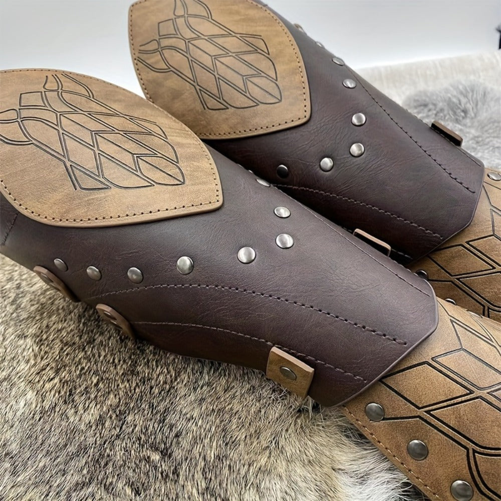 Elf Arm Guards 2pcs Medieval Embossed Faux Leather Fantasy Buckle Armor – Halloween Knight Gloves LARP Cosplay Renaissance Faire Role Play Costume Prop, Black