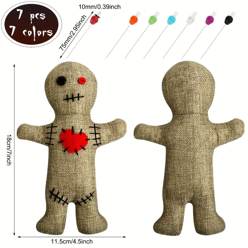 Voodoo Doll Set with 7 Skull Pins – 8-Piece Horror Ghost Doll Kit, Soft Revenge Stress Relief Creepy Doll Pin Holder for Adults (Flaxen)