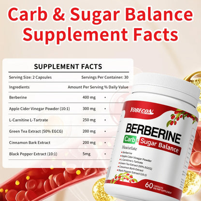 Berberine Supplement Capsules with Apple Cider Vinegar, Cinnamon & Green Tea Extract – Supports Blood Sugar Balance, Healthy Body Shape & Digestion – 60 Capsules, 1 or 2 Bottles, All Ages