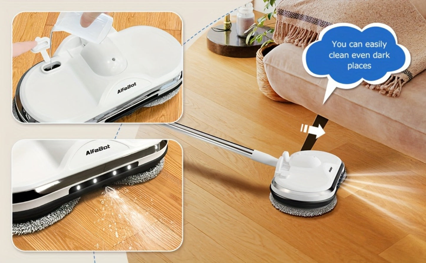 Cordless Electric Spin Mop Floor Cleaner with LED Headlight & Water Spray Tank – Powerful Wireless Spinning Mop for Hardwood & Tile Floors, Quiet Motor, Self-Cleaning & Waxing Function (White)