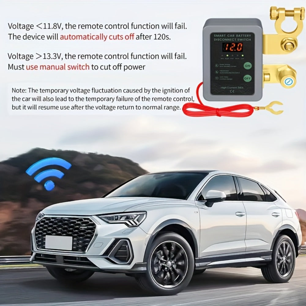 Car Battery Auto Power Off Switch with LED Voltage Display - 12V/24V Anti-Drain Protection, Low Voltage Alarm, 240A Remote Control Battery Disconnect